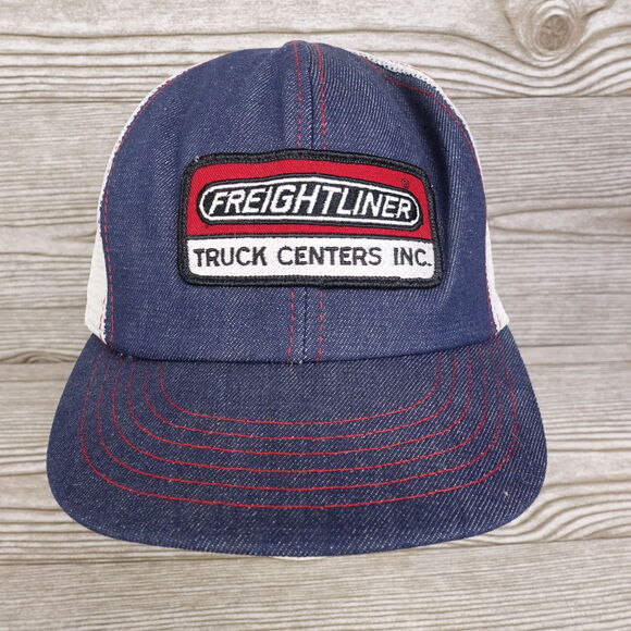 VINTAGE FREIGHTLINER TRUCK CENTERS DENIM BLUE JEAN USA MADE TRUCKER HAT CAP - Picture 1 of 11